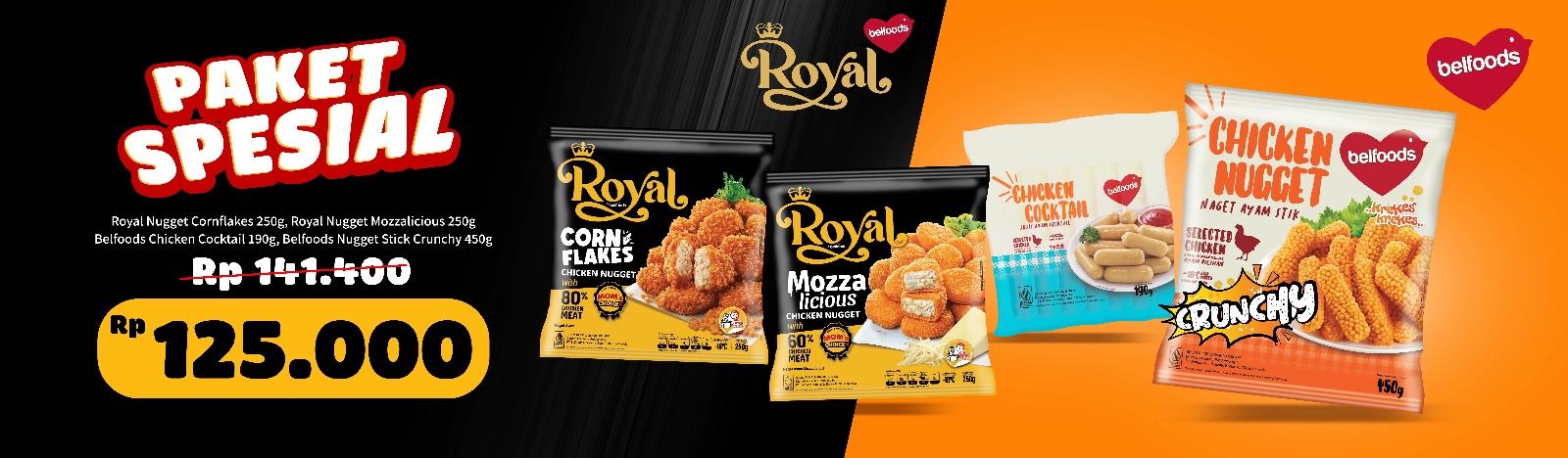 Paket B Belfoods Ayam Cocktail, Stick Crunchy Nugget dan Royal Nugget Cornflakes 250 gr dan Roral Nugget Mozzalicious 250 gr